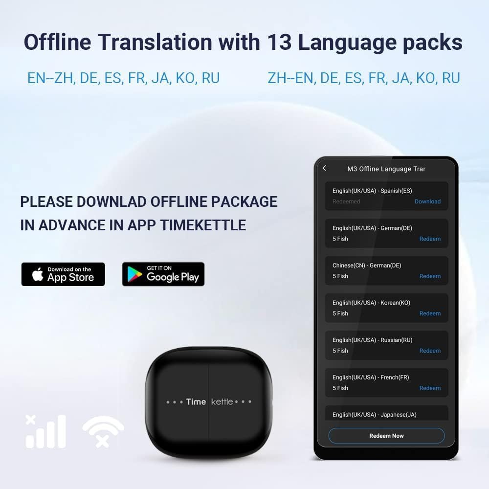 M3 3-In-1 Language Translator Earbuds, Real-Time Translation in 43 Languages and 96 Accents, Offline Translator, No Subscription, Two-Way Voice Translator for Travel and Business
