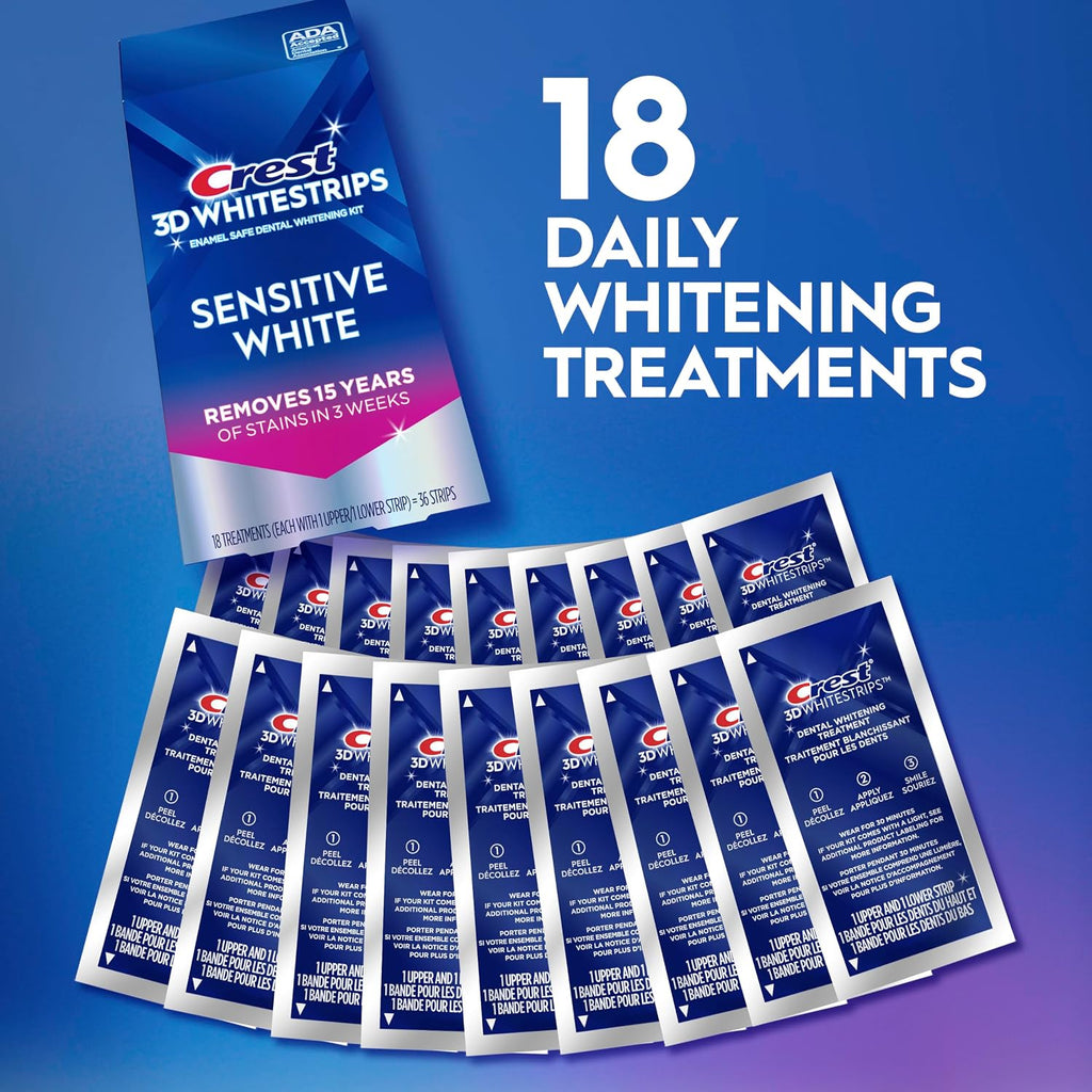 3Dwhitestrips Sensitive White At-Home Teeth Whitening Kit, 18 Treatments, Gently Removes 15 Years of Stains